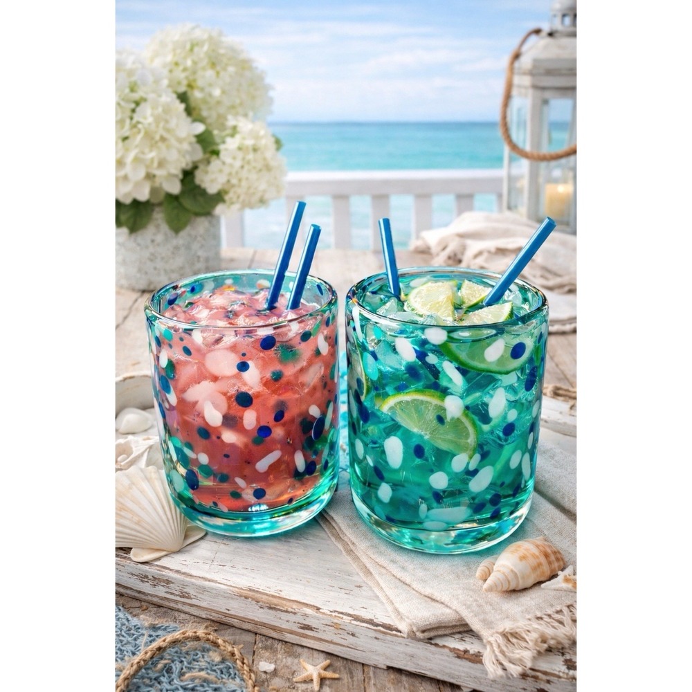 Vintage Hand Blown Art Glass Tumblers Set of‎ 2 Blue Green Confetti Coastal